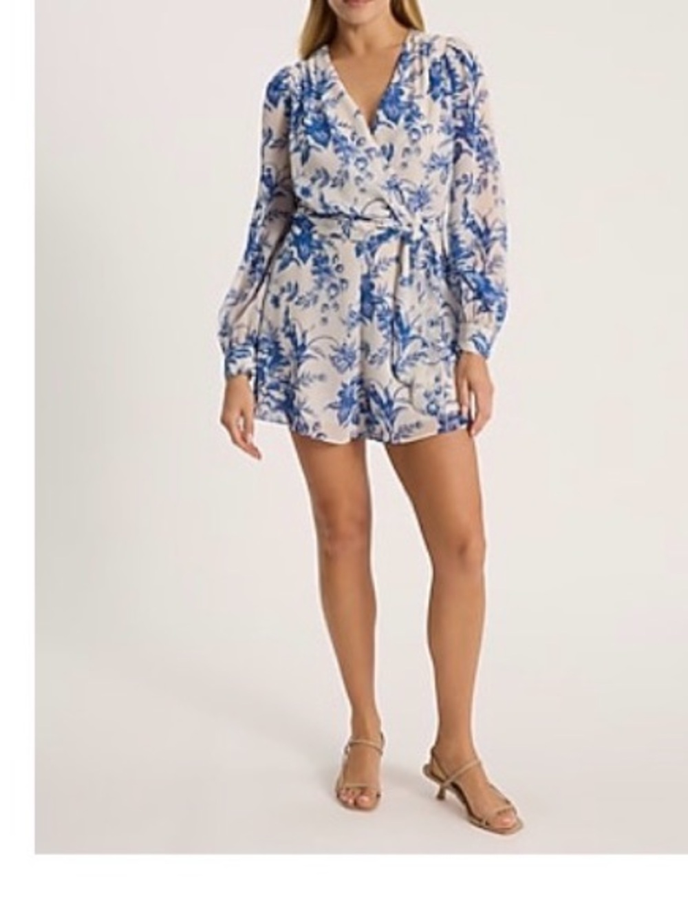 Express Blue Floral Wrap Romper on Cream Base
